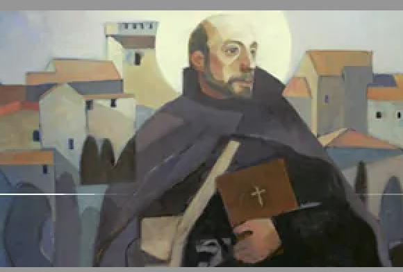 A drawing of Saint Ignatius holding a bible with a halo around his head. He is standing in front of a town